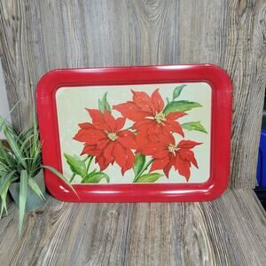 Vintage Lap Tray Poinsettia Metal Christmas Serving TV MCM